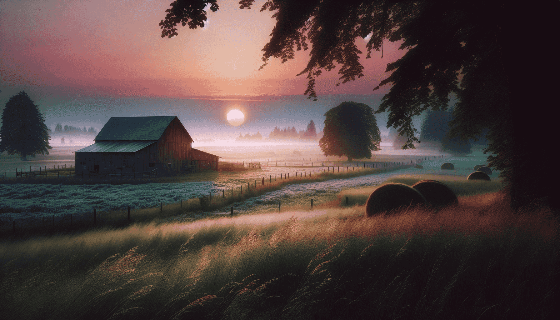 Paisaje de granja al amanecer