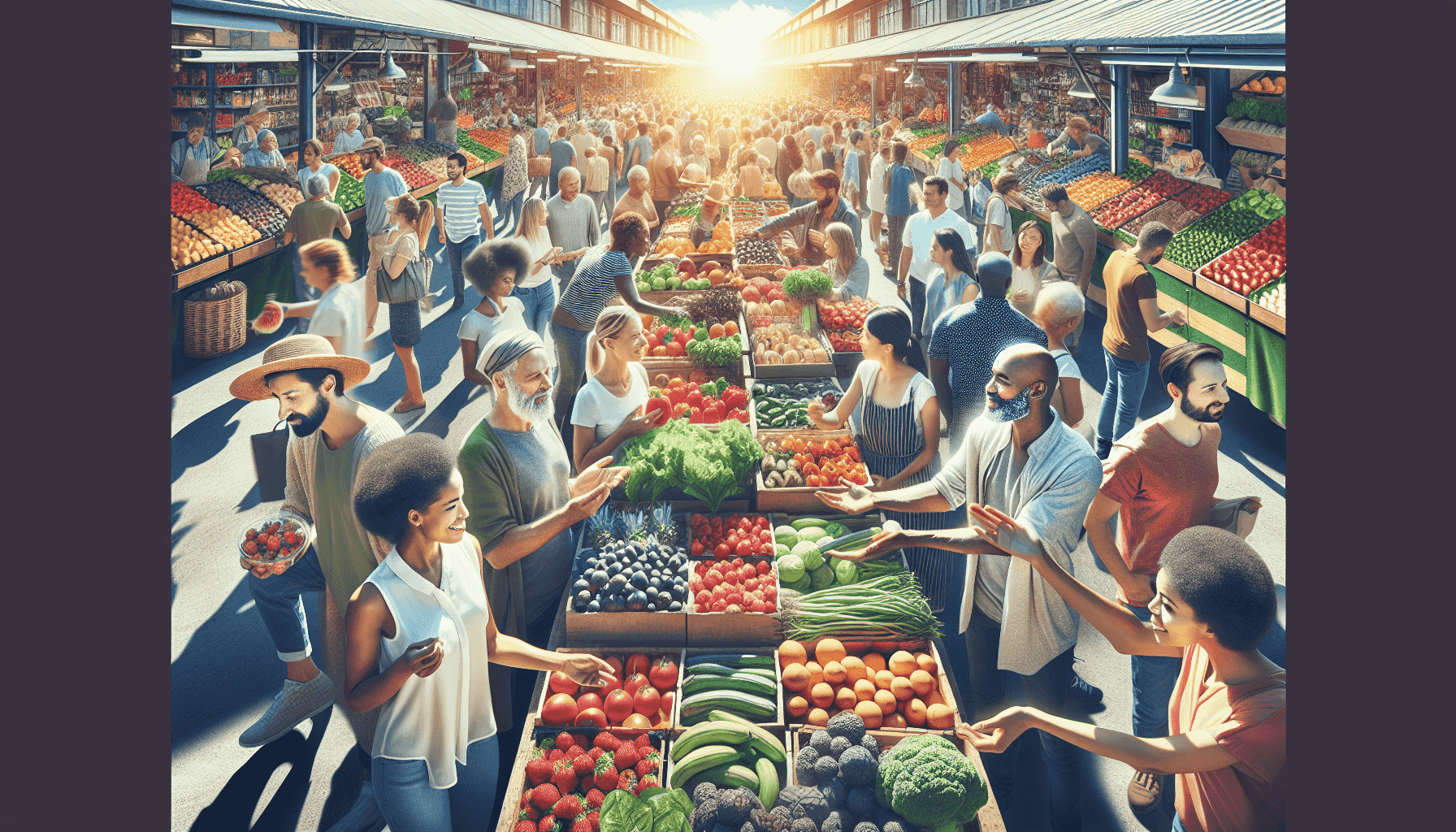 Mercado lleno de vida con productos frescos